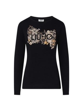 Liu-jo t-shirt donna manica lunga in cotone nero con stampa e logo in strass