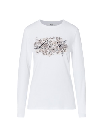 Liu-jo t-shirt donna manica lunga in cotone bianco con stampa e logo in strass