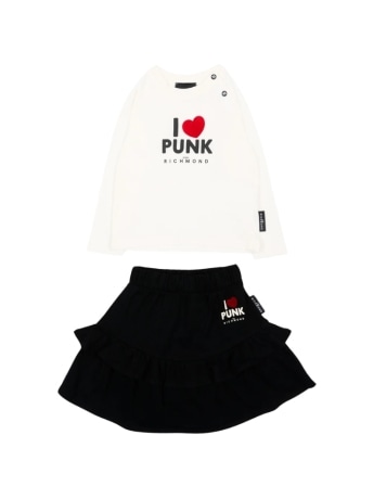 John Richmond set infant t-shirt e gonna in cotone panna/nero con stampa punk