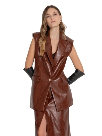 Fracomina gilet lungo oversize in ecopelle marrone