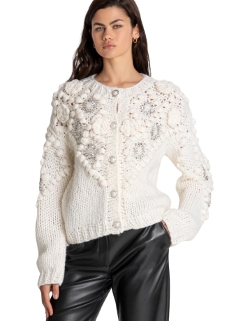 Fracomina cardigan in misto lana crema con punto 3d e applicazioni gioiello