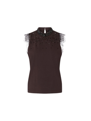 Liu-jo t-shirt donna in cotone marrone con pizzo e strass