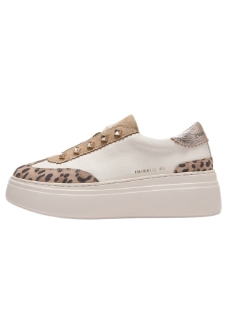Emanuelle Vee sneakers bice in pelle bianca con inserti suede e animalier platform