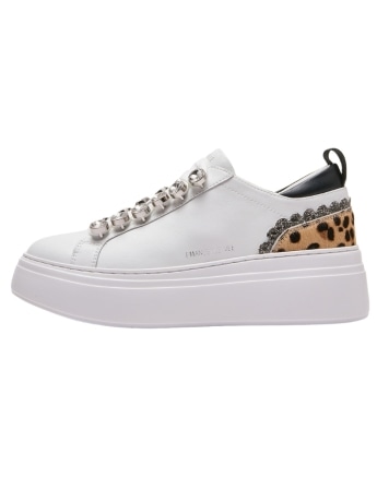Emanuelle Vee sneakers bice in pelle bianca con strass e inserto animalier platform