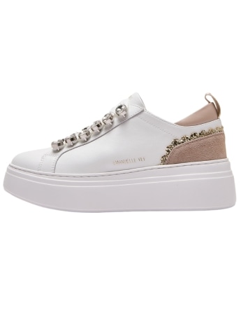 Emanuelle Vee sneakers bice in pelle bianca con strass e inserto suede rosa platform