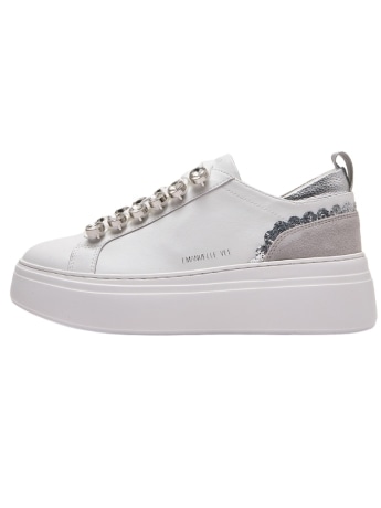Emanuelle Vee sneakers bice in pelle bianca con strass e inserto suede silver platform