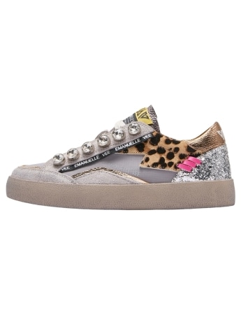 Emanuelle Vee sneakers olivia silver con strass e inserti animalier
