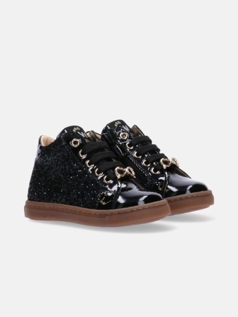 Walkey sneakers infant/kids  in vernice nera con glitter e fiocco gioiello