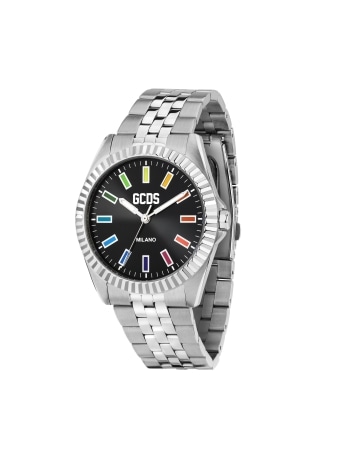 Gcds orologio uomo playful precision in acciaio silver quadrante nero indici baguette colorati