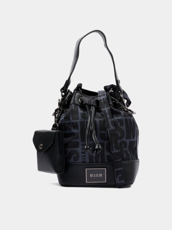Msgm borsa junior in nylon ed ecopelle nera con logo all over