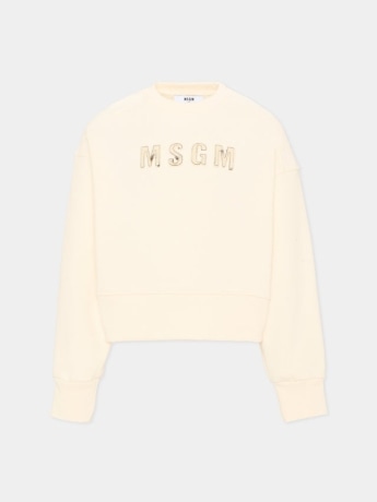 Msgm felpa kids/junior boxy fit in cotone panna con logo in cavallina