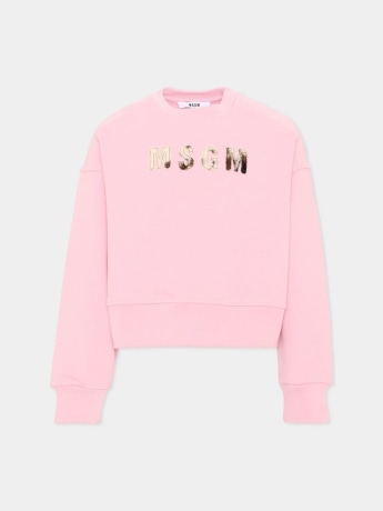 Msgm felpa kids/junior boxy fit in cotone rosa con logo in cavallina