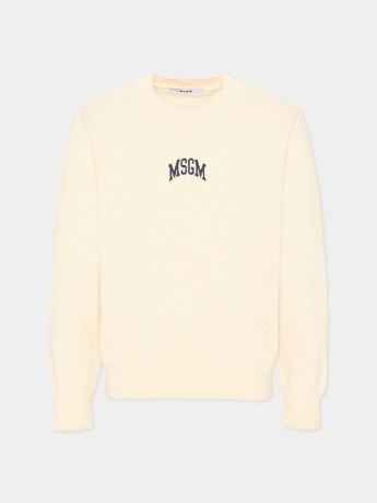 Msgm maglia junior unisex in cotone e lana panna con logo