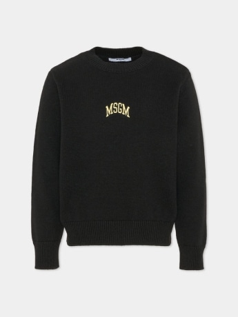 Msgm maglia junior unisex in cotone e lana nero con logo