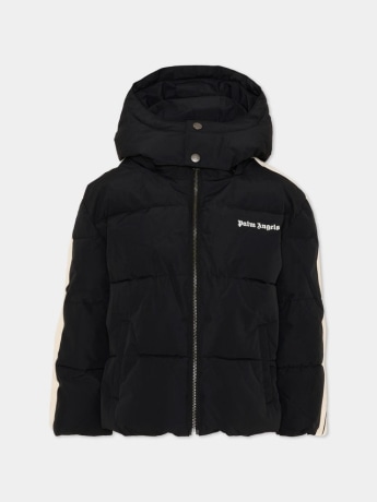 Palm Angels giubbotto piumino junior nero con cappuccio e bande laterali