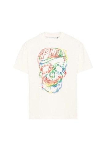 Philipp Plein t-shirt kids/junior in cotone panna con logo teschio multicolor
