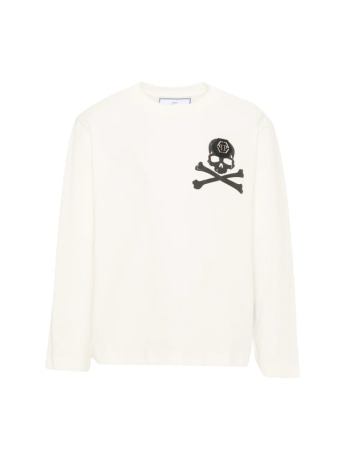 Philipp Plein t-shirt kids/junior manica lunga in cotone panna con teschio e logo sul retro
