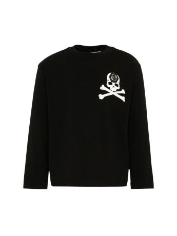 Philipp Plein t-shirt kids/junior manica lunga in cotone nero con teschio e logo sul retro
