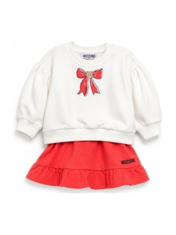 Moschino set infant felpa bianca e gonna rossa in cotone con stampa fiocco