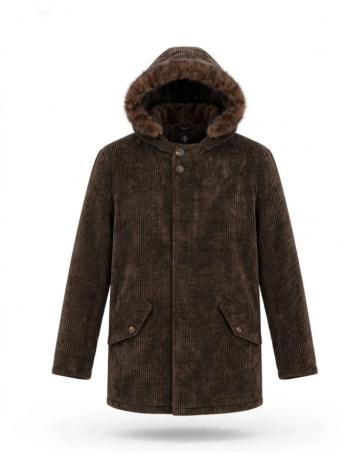 Twenty One by carnevale cappotto uomo in velluto rigato marrone con pelliccia sul cappuccio