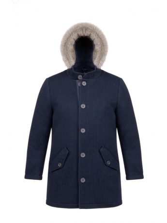 Twenty One by carnevale cappotto uomo 3/4 lavorazione canestro  blu con cappuccio e pelliccia